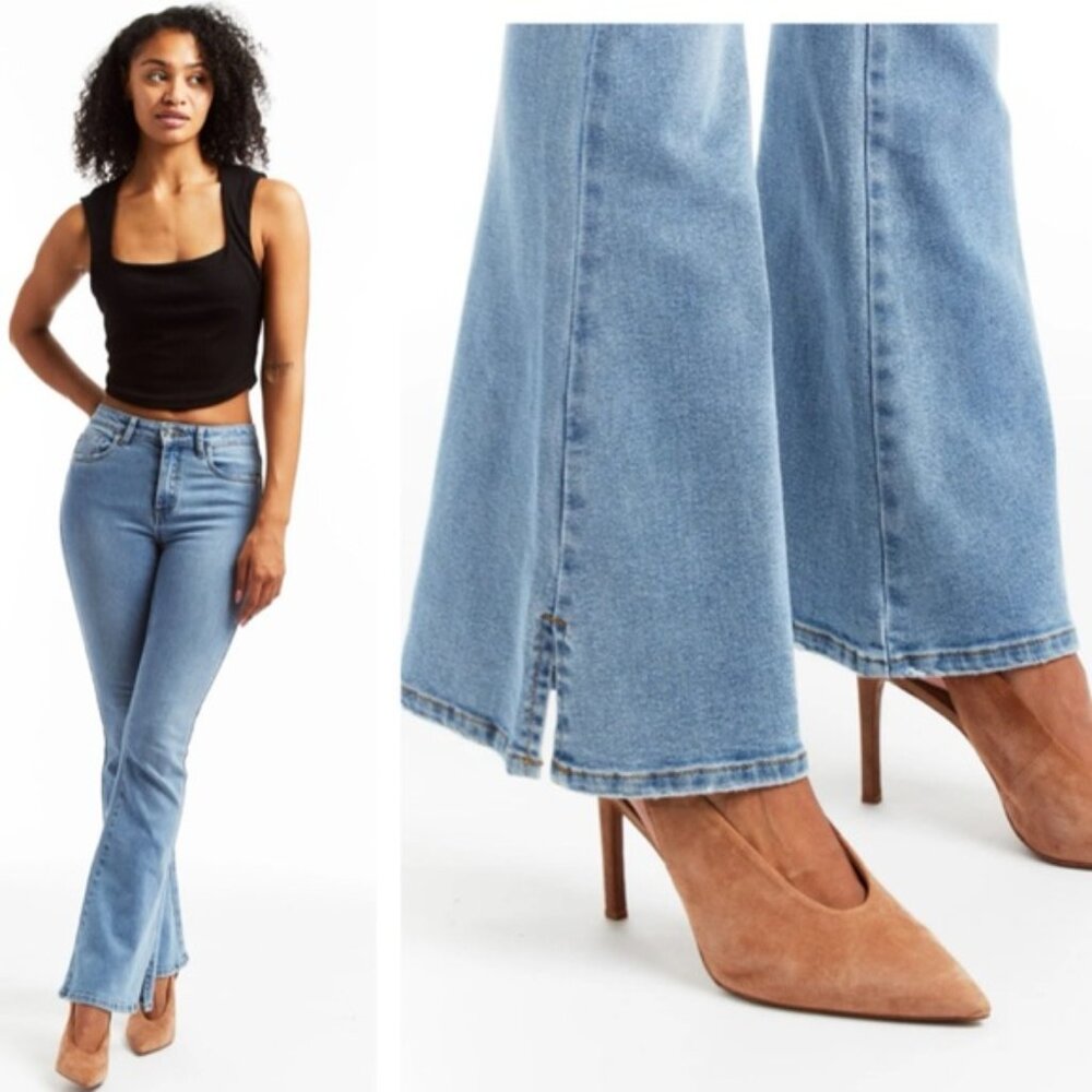 Tractr NEW High Waist Flare Side Slits Stretch Straight Raw Blue Zip Fly Retro 8